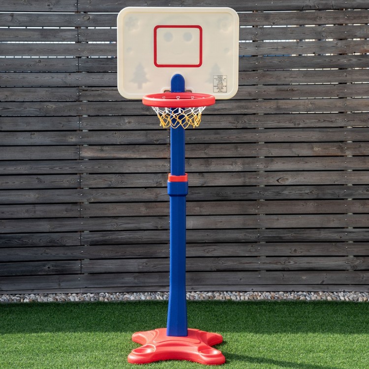Kids adjustable height basketball hoop stand with a weather-resistant design, set at 65" for outdoor play.