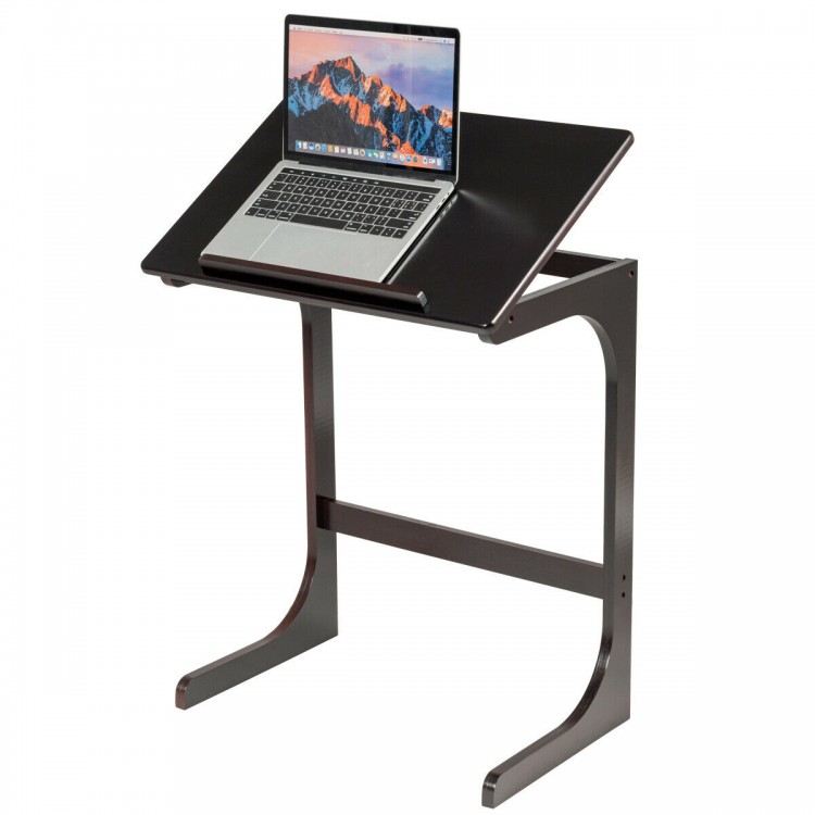 Adjustable C-shape end table in brown with a tilting top, featuring a lightweight design for easy movement and use.