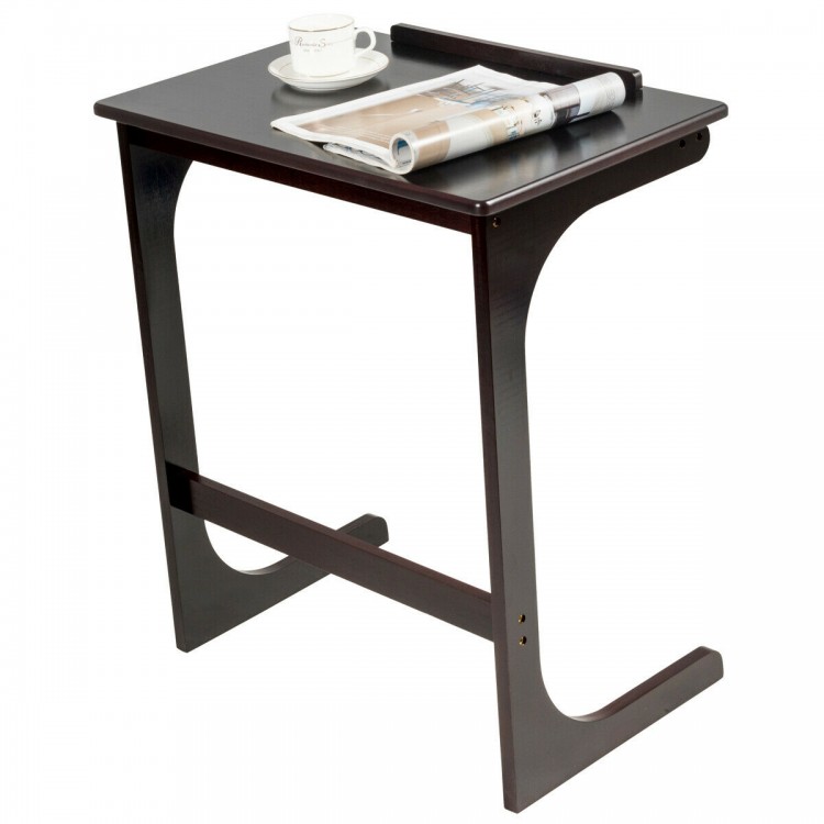 Adjustable C-shape end table in brown with tilting top, made of bamboo, ideal for laptops and books beside sofa or bed.