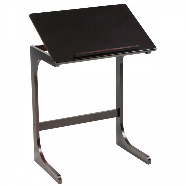 Adjustable brown C-shape end table with tilting top, made of bamboo, ideal for laptops and books near sofa or bed.