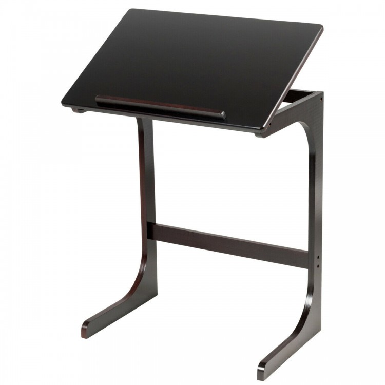 Adjustable C-shape couch end table in brown with tilting top and ample legroom for comfortable use beside sofa or bed.