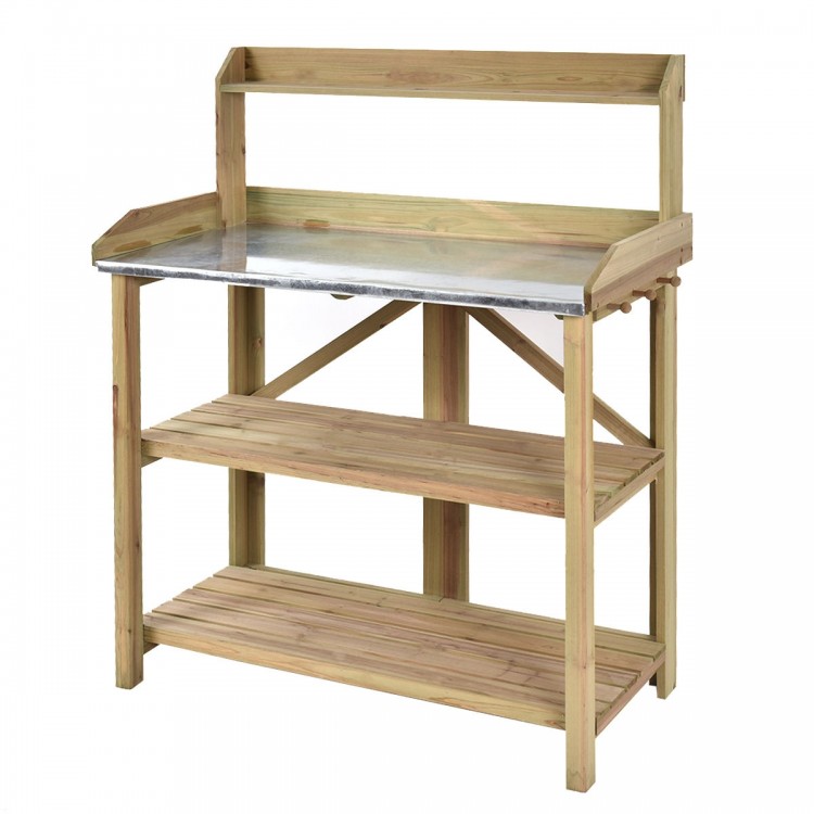 Garden wooden planting bench work station with metal top shelf and two lower shelves for organizing gardening tools.