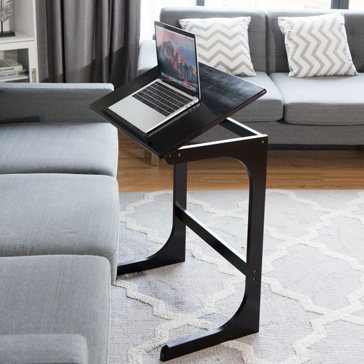 Adjustable C-shape couch end table in brown with tilting top, perfect for laptops and books, designed for comfort and.