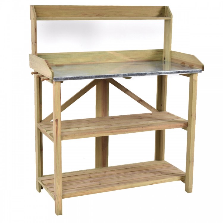 Front view of the Garden Wooden Planting Bench Work Station featuring a sturdy metal top shelf and wooden frame for.