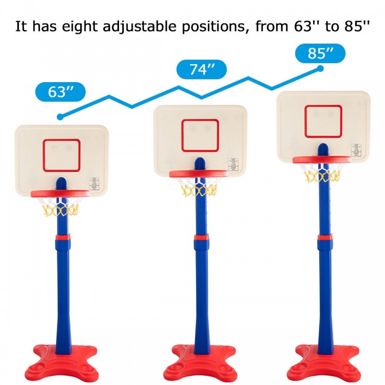 Kids adjustable height basketball hoop stand showing three height settings from 63" to 85", ideal for indoor and.