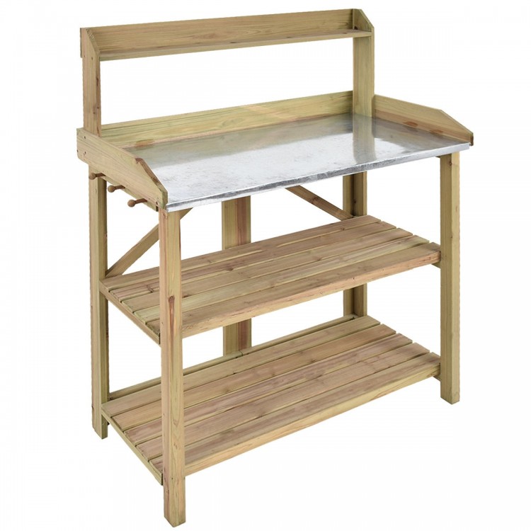 Wooden planting bench work station with metal top shelf and two lower shelves for organizing gardening tools and.