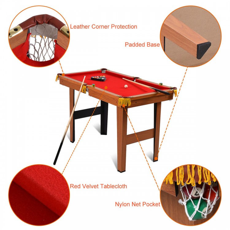Mini 48-inch billiard table with red velvet cloth, drop-pocket design, and included accessories for kids' fun.