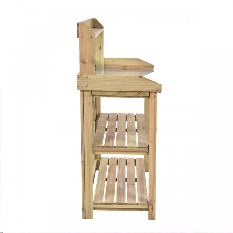 Side view of the Garden Wooden Planting Bench Work Station with spacious metal top shelf and two lower storage shelves.