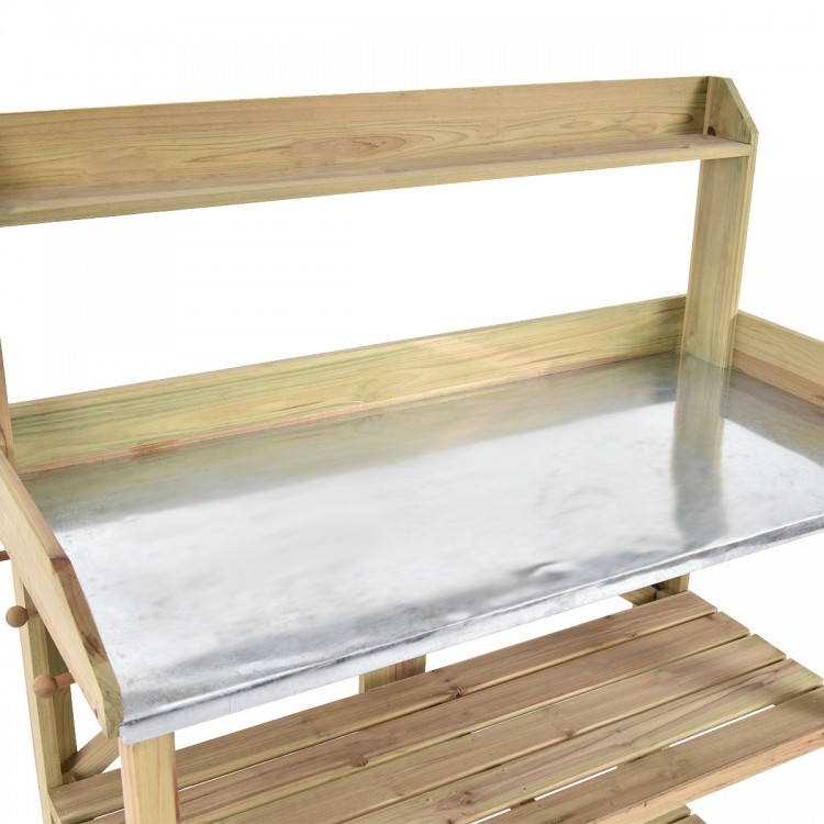 Wooden planting bench work station with a metal top shelf and two lower shelves for organizing gardening tools.