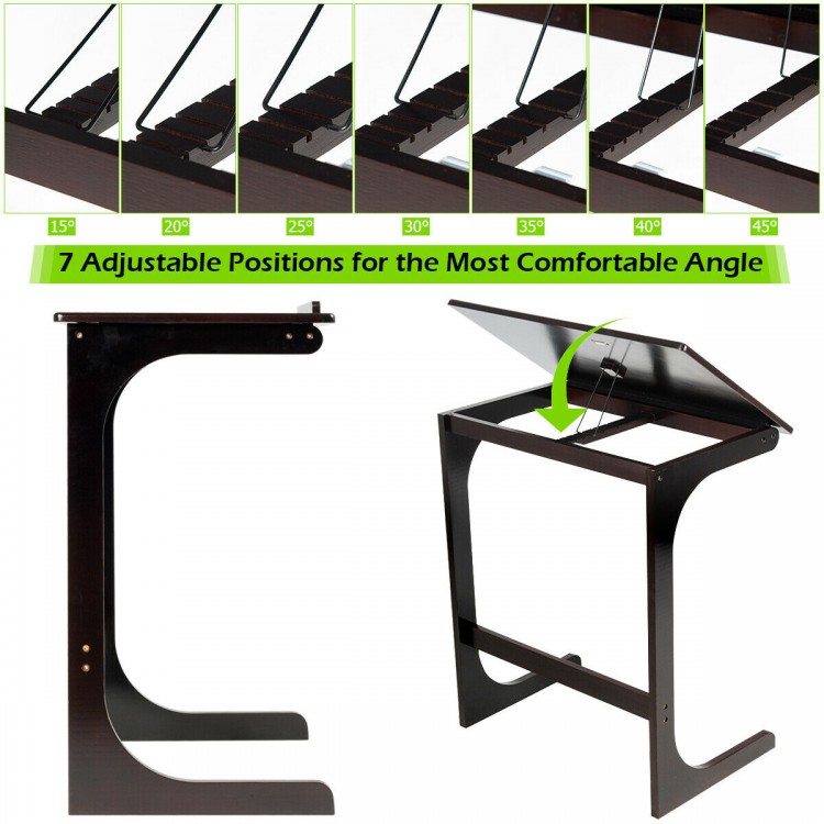 Adjustable C-shape end table in brown with 7 tilting positions for optimal comfort, perfect for use beside a sofa or.