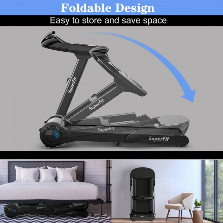 Foldable 2.25HP treadmill with Bluetooth, wide running belt, and LED display for convenient home workouts.