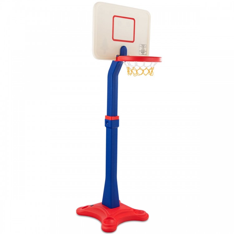 Kids adjustable height basketball hoop stand, 65"-85", made of durable HDPE, perfect for indoor and outdoor play.