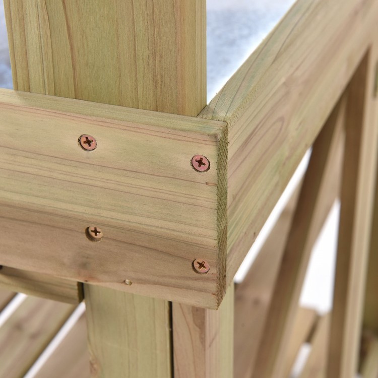 Close-up of the wooden frame of the Garden Wooden Planting Bench Work Station, showcasing sturdy construction and metal.