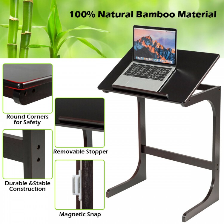 Adjustable C-shape couch end table in brown with tilting top, made of 100% natural bamboo for versatile use by sofa or.