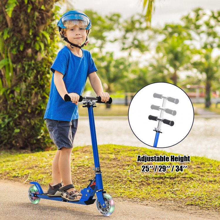 Blue folding aluminum kids kick scooter with adjustable height handlebars and LED light-up wheels for ages 4-13.