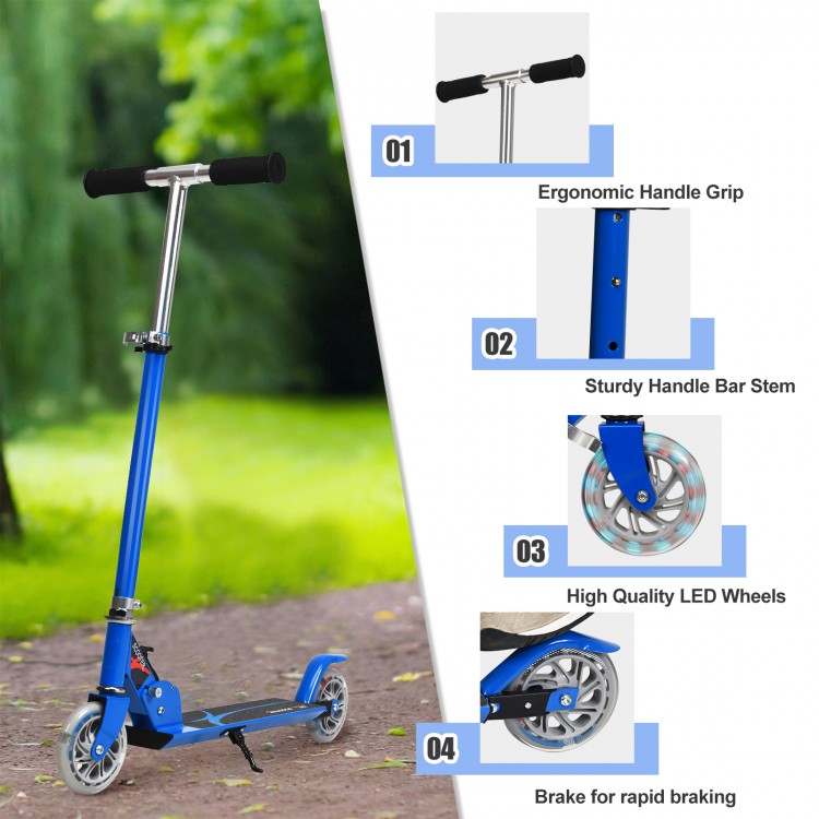 Folding aluminum kids kick scooter in blue with LED wheels and adjustable handlebars for ages 4-13.