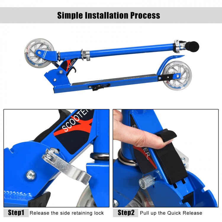 Folding aluminum kids kick scooter in blue with adjustable handlebars and LED light-up wheels for ages 4-13.