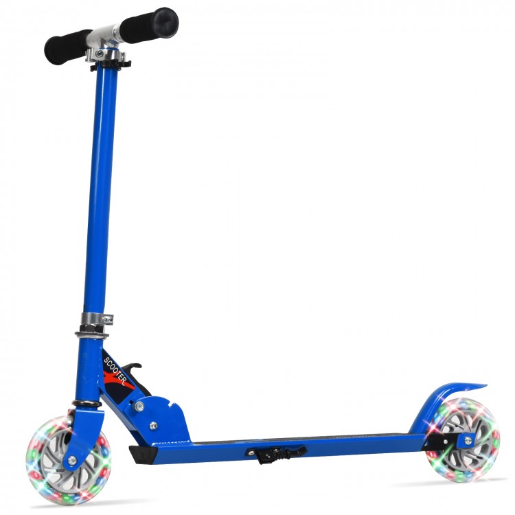Blue folding aluminum kids kick scooter with LED light-up wheels, featuring a rear fender brake for safe stops.