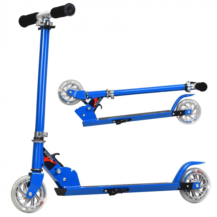 Folding blue aluminum kids kick scooter with LED wheels, adjustable handlebars, and rear fender brake for ages 4-13.
