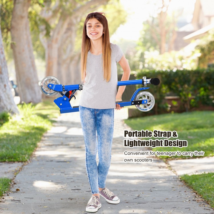 Folding aluminum kids kick scooter in blue, featuring LED wheels and adjustable handlebars, ideal for ages 4-13.