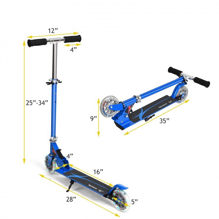 Side view of the blue folding aluminum kids kick scooter, showcasing adjustable handlebars and LED light-up wheels for.
