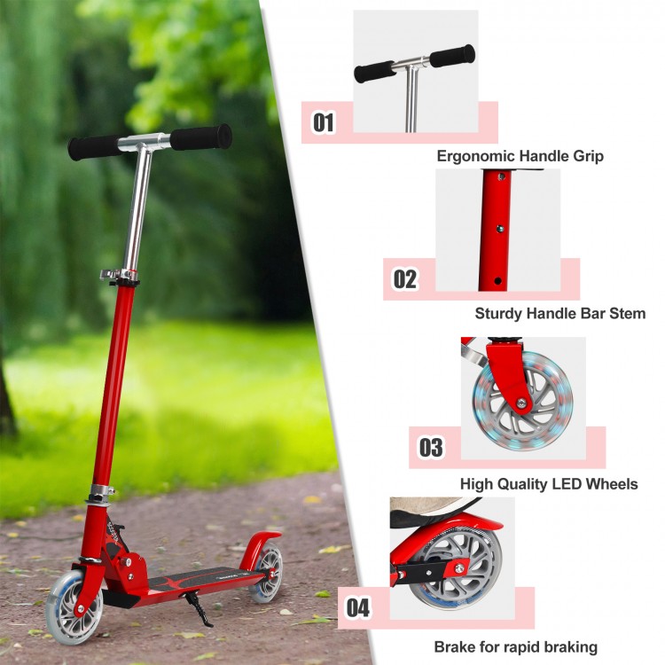 Folding aluminum kids kick scooter in red with adjustable handlebars and LED light-up wheels for ages 4-13.
