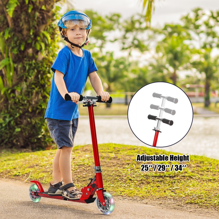 Red folding aluminum kids kick scooter with adjustable height handlebars and LED light-up wheels for ages 4-13.