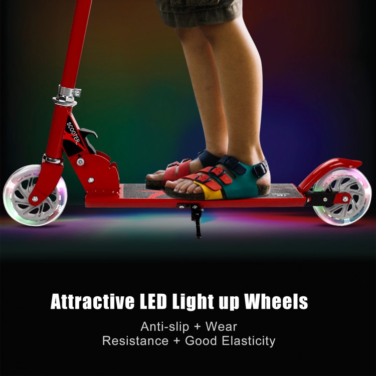 Folding aluminum kids kick scooter in red with LED light-up wheels, featuring adjustable handlebars and anti-slip deck.