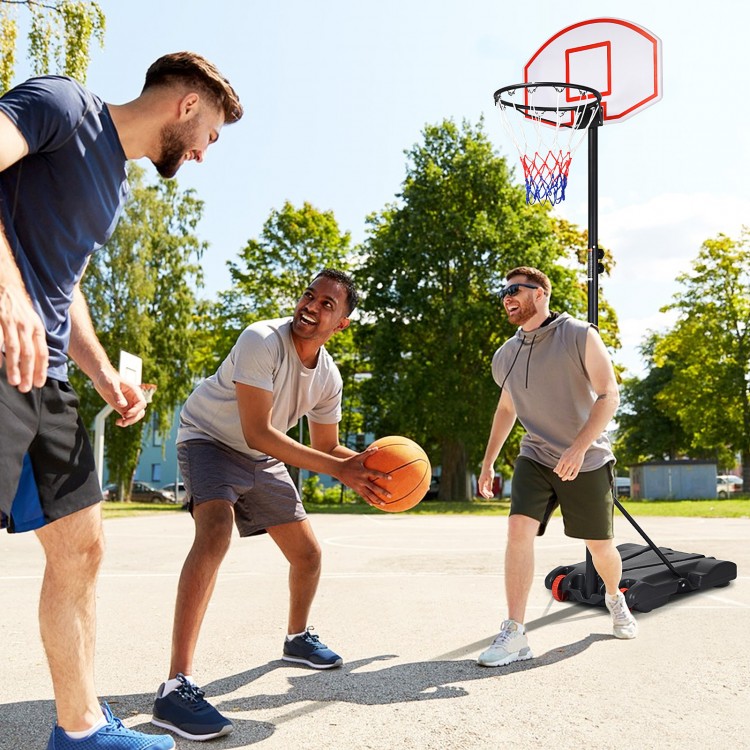 Adjustable basketball hoop system with wheels, height adjustable 5.8 to 6.8 ft, perfect for indoor and outdoor play.