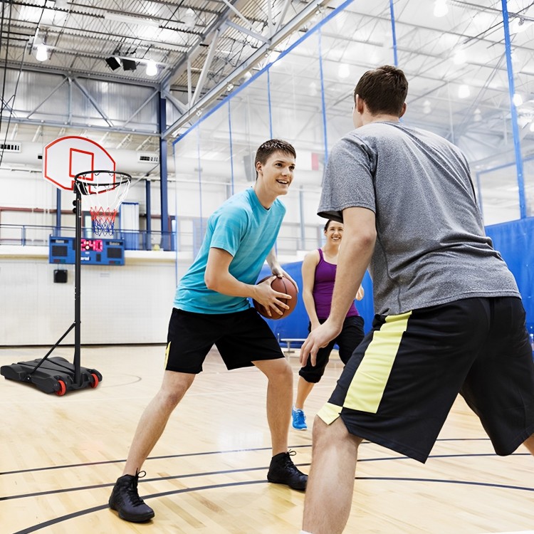 Adjustable basketball hoop system with wheels, height adjustable from 5.8 ft to 6.8 ft, ideal for indoor and outdoor.