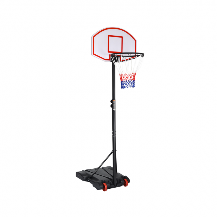 Adjustable basketball hoop system with durable backboard, height adjustable 5.8 to 6.8 ft, and wheels for easy mobility.