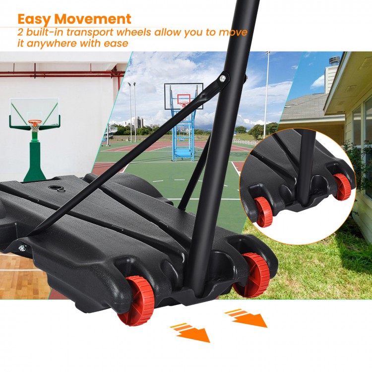 Adjustable basketball hoop system stand with wheels for easy movement, featuring a durable all-weather backboard.