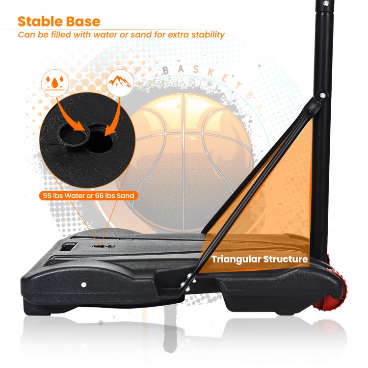 Stable base of the adjustable basketball hoop system, designed for water or sand filling for added stability.