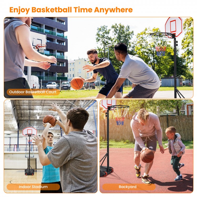 Adjustable basketball hoop system with wheels, height adjustable 5.8 to 6.8 ft, suitable for indoor and outdoor play.