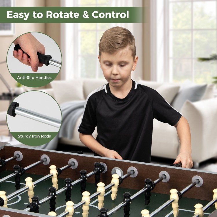 54-inch indoor competition soccer table with anti-slip handles and sturdy iron rods for easy control and gameplay.
