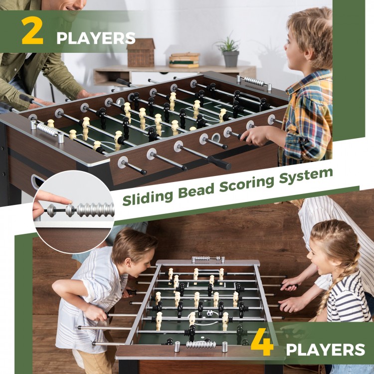 54-inch indoor soccer table featuring a sliding bead scoring system, perfect for 2 to 4 players and competitive.