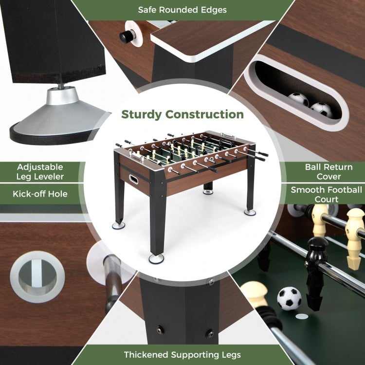54-inch indoor competition soccer table featuring sturdy construction, adjustable leg levelers, and smooth football.