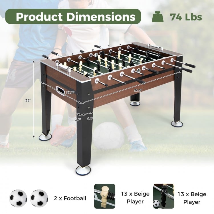 54-inch indoor competition soccer table with two footballs, featuring oversized leg levelers for stable gameplay.