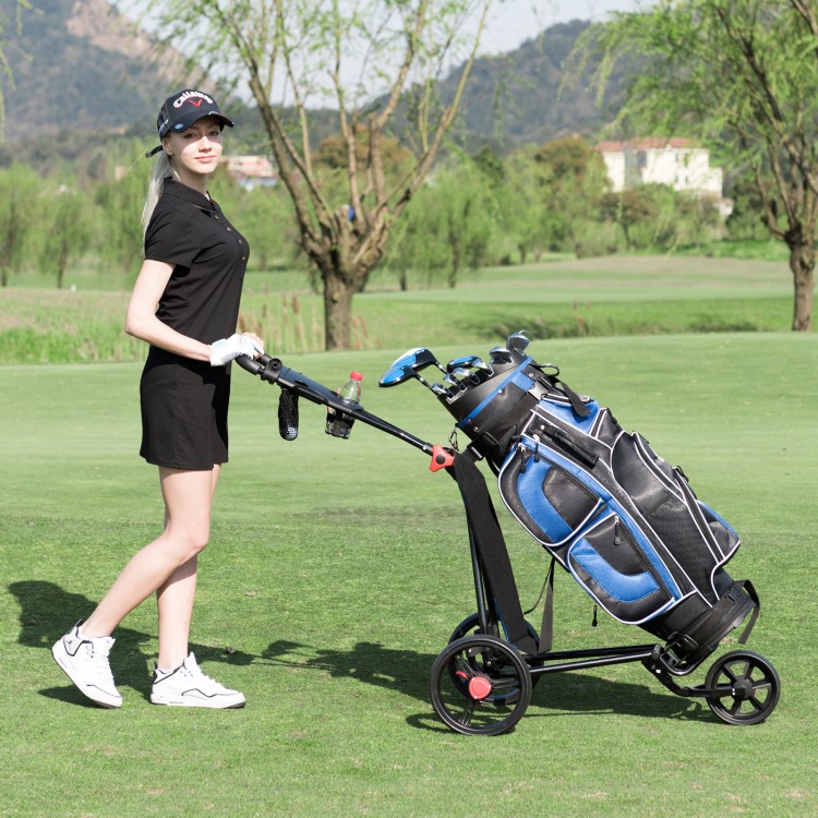 Durable foldable steel golf cart with mesh bag, featuring 10" rear wheels and ergonomic handle for easy maneuvering.