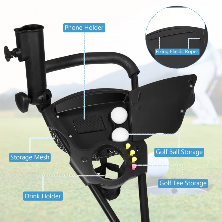 Close-up of the 3 Wheel Durable Foldable Steel Golf Cart showing phone holder, golf ball storage, and drink holder.