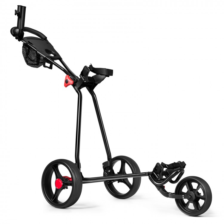 Durable foldable 3-wheel steel golf cart with mesh bag, beverage holder, and all-terrain 10" rear wheels for easy.