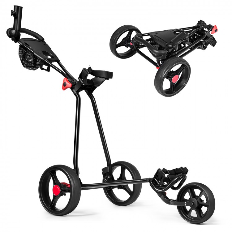 Durable foldable 3-wheel steel golf cart with mesh bag, featuring an ergonomic handle and all-terrain wheels for easy.