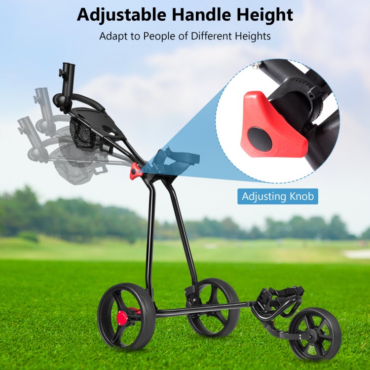 Adjustable handle height of the 3 Wheel Durable Foldable Steel Golf Cart, designed for comfort and ease of use.