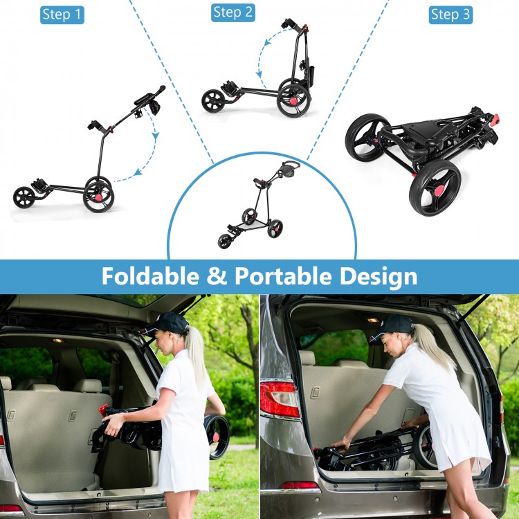 Foldable 3 wheel steel golf cart with mesh bag, shown being loaded into a vehicle for easy transport and storage.