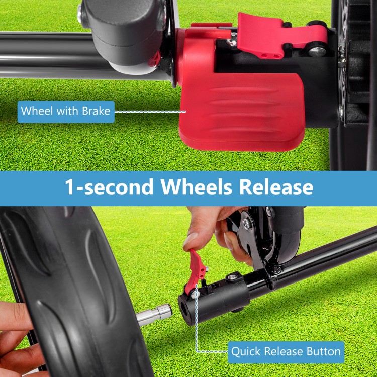Close-up of the quick release button and brake wheel on the 3 Wheel Durable Foldable Steel Golf Cart for easy storage.