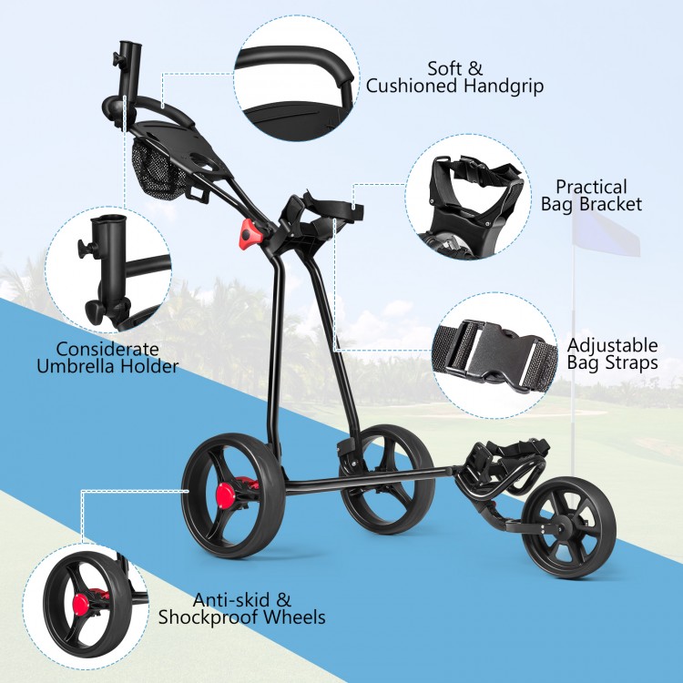 Durable foldable steel golf cart with 3 wheels, mesh bag, and ergonomic handle for easy maneuvering on the course.