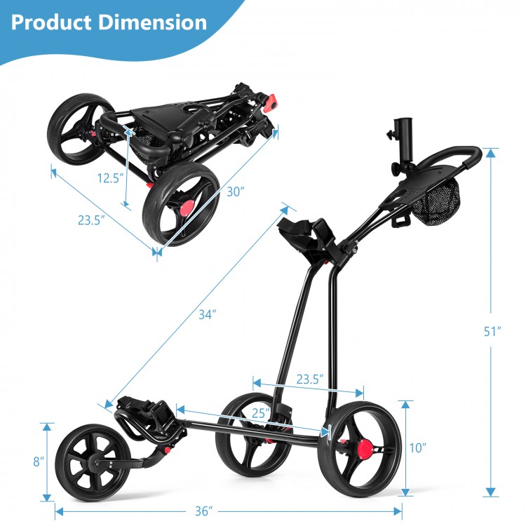 Foldable steel golf cart with 10" rear wheels, featuring a mesh bag and ergonomic handle for easy transport.