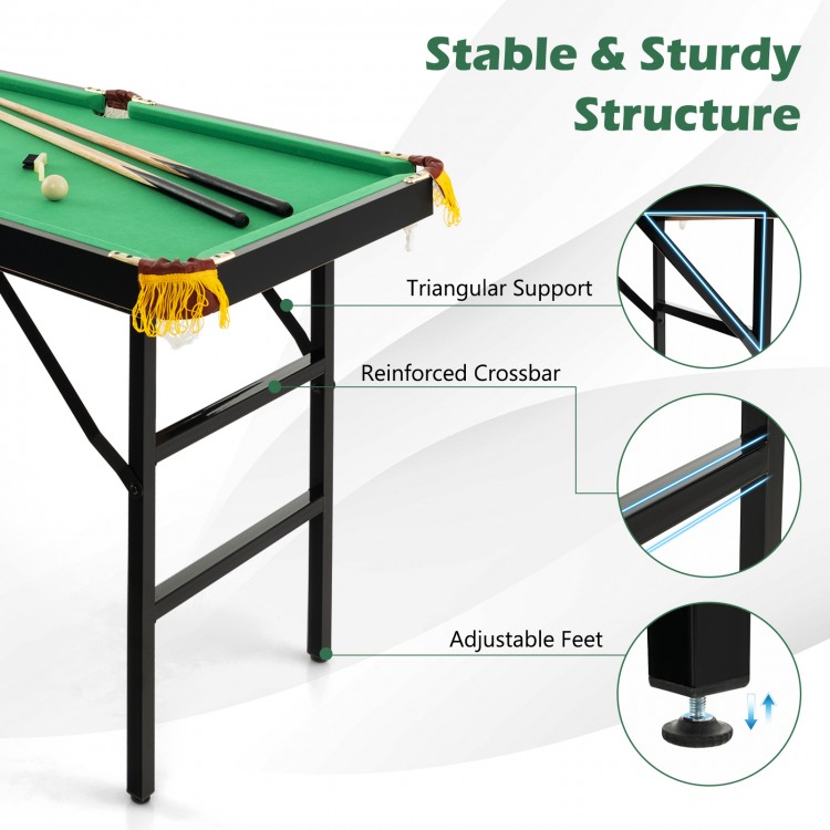 Folding billiard table with triangular support and adjustable feet, designed for kids' play and space-saving.