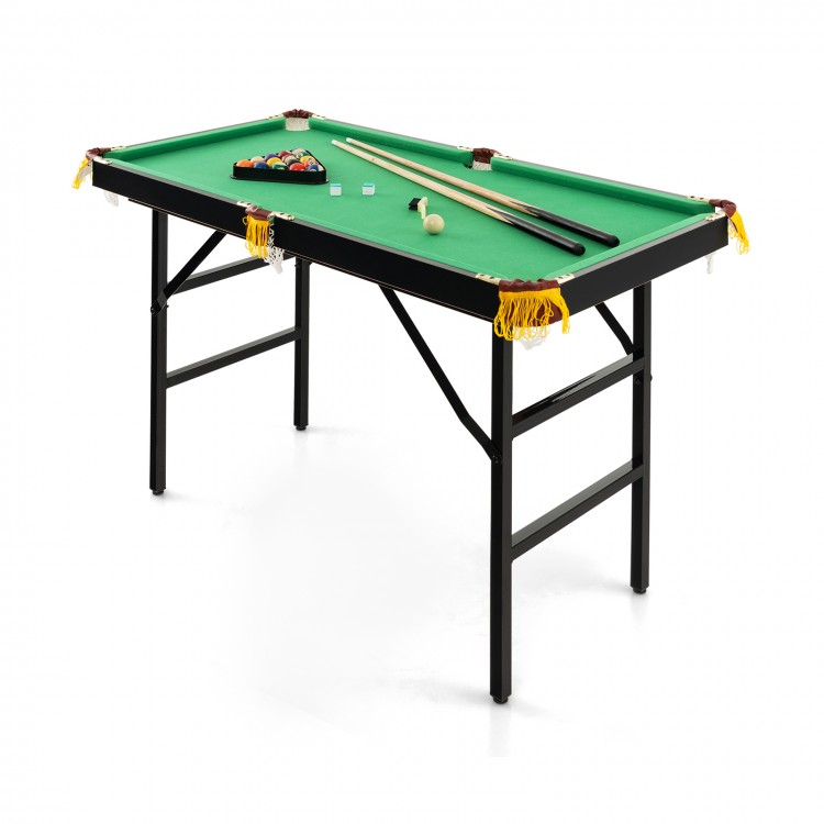 47-inch folding billiard table in green with cues and accessories, perfect for kids' play and space-saving design.