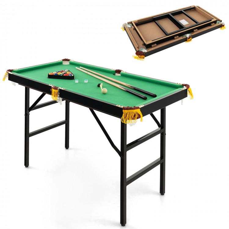Folding 47-inch billiard table in green with cues, chalk, and adjustable foot pads for kids' play and space-saving.